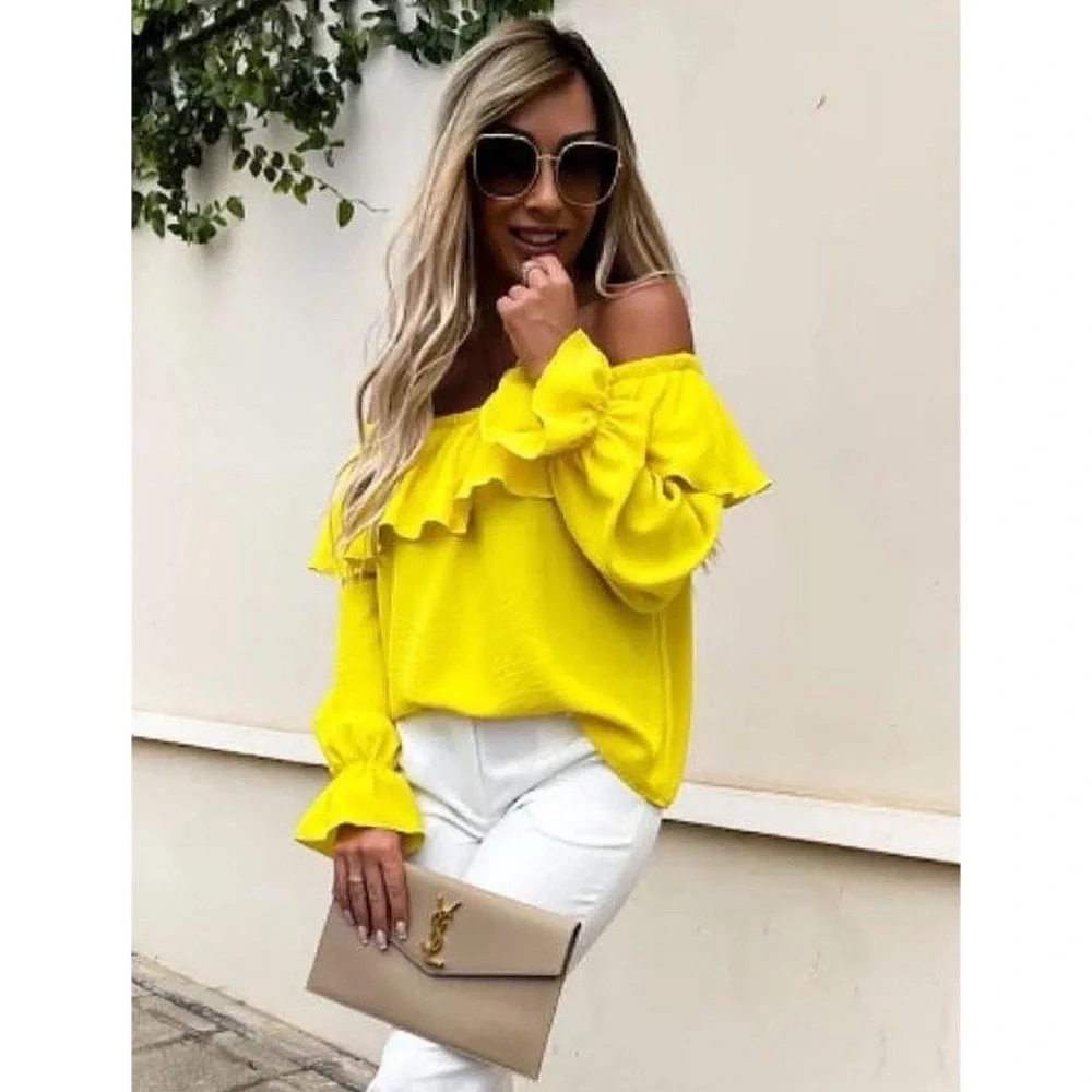 Yellow Long Sleeve Off Shoulder Ruffle Top Blouse - Picture 3 of 10